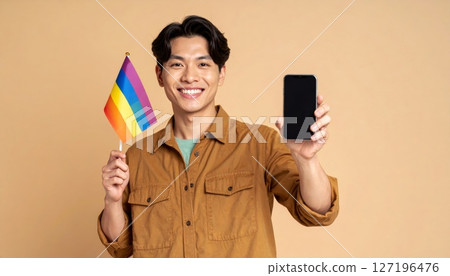 Smiling person holding the flag of South Korea or South Africa 127196476