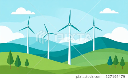 Green wind turbines generate renewable energy across a vast landscape under a blue sky Green wind turbines generate renewable energy across a vast landscape under a blue sky 127196479