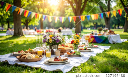 An elegantly decorated wedding table setting for a celebration with a variety of delicious food and sparkling glassware 127196488