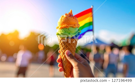 Hand holding a colorful ice cream cone in the street, a sweet summer frozen dessert treat 127196499