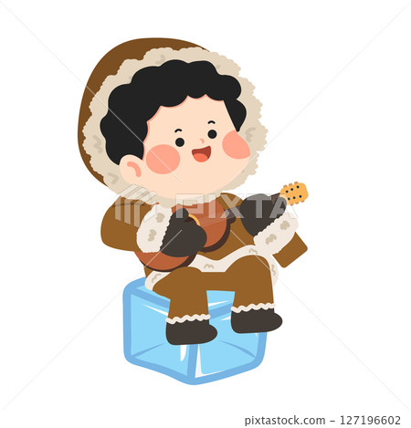 Cartoon of Inuit Boy Playing Ukulele 127196602