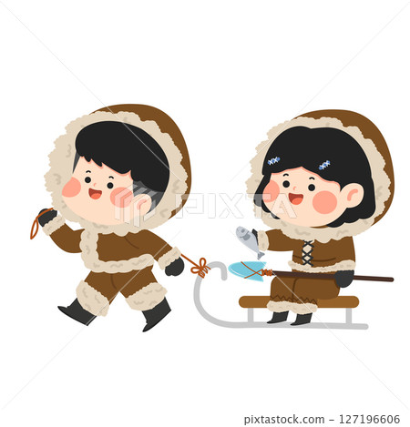 Cartoon Eskimo Kids with Sledge Illustration 127196606