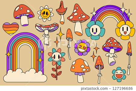 Psychedelic retro mushroom, flower, rainbow 127196686