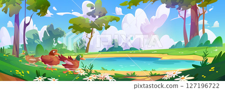 Forest lake scene with duck family swimming 127196722