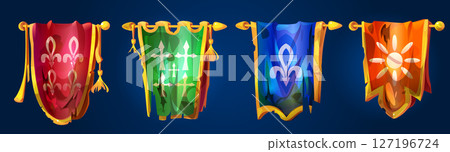 Ragged medieval war banners on golden poles 127196724