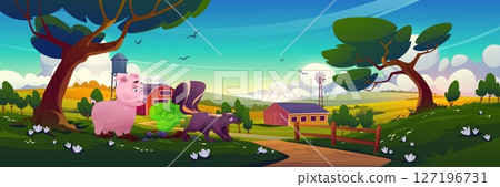 Cartoon pig meets skunk with green smell cloud 127196731