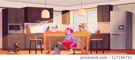 Cartoon kitchen scene with woman and dachshund Cartoon kitchen scene with woman and dachshund 127196732