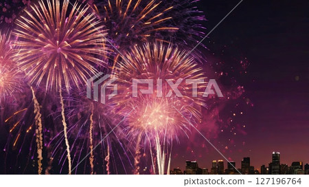 Amazing colorful display of fireworks on black backgound. Celebration concept, banners, cards 127196764