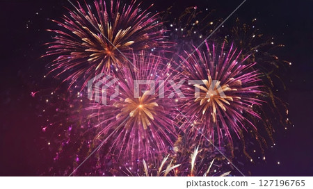 Amazing colorful display of fireworks on black backgound. Celebration concept, banners, cards 127196765