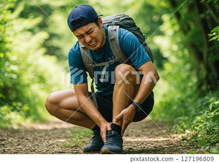 A male runner who looks like he's in pain after being injured during trail running 127196809