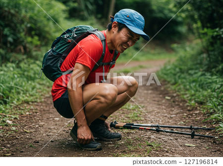 一名男跑者在越野跑中受傷後,看起來很痛苦 一名男跑者在越野跑中受傷後,看起來很痛苦 127196814