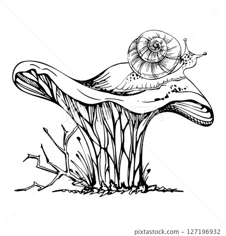 Golden chanterelle girolle mushroom with snail on top, twisting branch moss growth. Fungus nature illustration hand drawn in vector ink. Autumn forest harvest, vegan cooking edible raw ingredient. Golden chanterelle girolle mushroom with snail on top, twisting branch moss growth. Fungus nature illustration hand drawn in vector ink. Autumn forest harvest, vegan cooking edible raw ingredient. 127196932