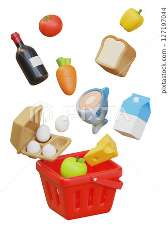 Grocery Items in Shopping Basket 3D Graphic Grocery Items in Shopping Basket 3D Graphic 127197044