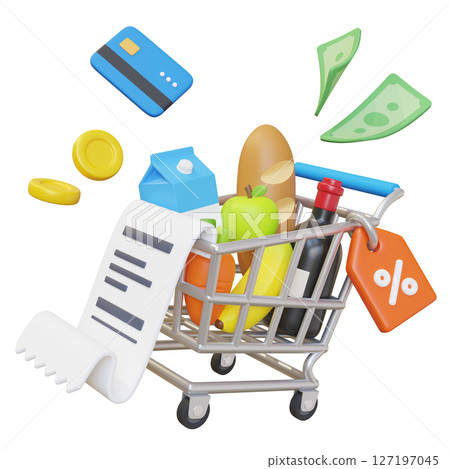 Grocery Items in the shopping cart, receipts, cards, and money 3D Graphic 127197045