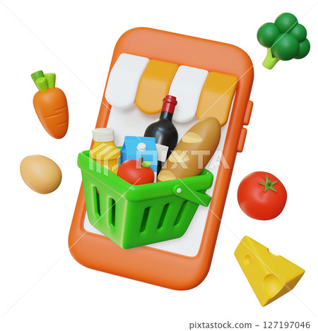 Mobile phone and shopping Basket 3D Graphic 127197046