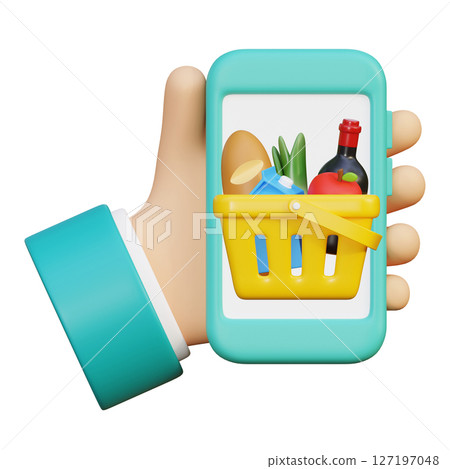 Hand holding mobile phone and shopping Basket 3D Graphic Hand holding mobile phone and shopping Basket 3D Graphic 127197048
