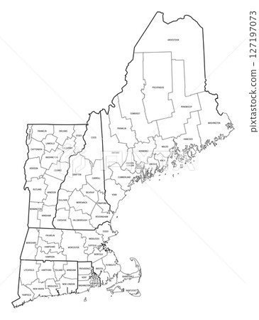 Counties of New England, outline map. Region in the Northeastern United States, consisting of the states Connecticut, Maine, Massachusetts, New Hampshire, Rhode Island, and Vermont. Isolated. Vector Counties of New England, outline map. Region in the Northeastern United States, consisting of the states Connecticut, Maine, Massachusetts, New Hampshire, Rhode Island, and Vermont. Isolated. Vector 127197073