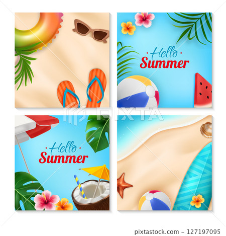 Hello Summer Realistic Square Card Collection with Beach Elements Hello Summer Realistic Square Card Collection with Beach Elements 127197095