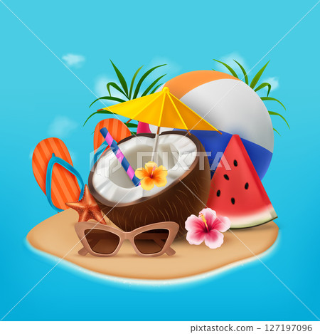 Realistic Summer Illustration with Beach Items 127197096