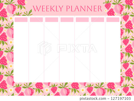 Weekly planner with pink strawberry pattern. Low poly strawberries on pink background. Lifestyle planner for 7 days. Schedule design template. Vector flat illustration Weekly planner with pink strawberry pattern. Low poly strawberries on pink background. Lifestyle planner for 7 days. Schedule design template. Vector flat illustration 127197103