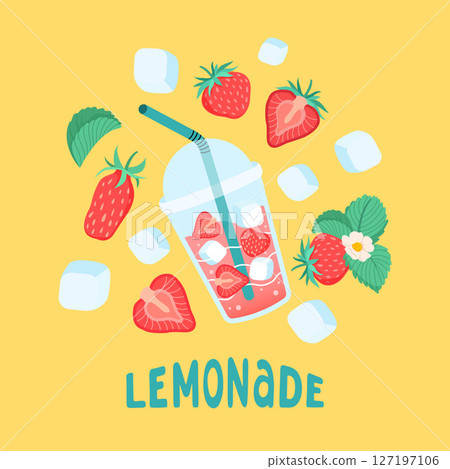 Summer square card with strawberries. Lemonades, berry, ice cube and leaves icon. Bright seasonal yellow background for cafes, menus, and advertisements. Food and drinks. Vector flat illustration. 127197106