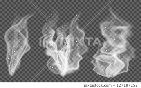 Collection of translucent white clouds of smoke on transparent background. Suitable for overlaying on dark backgrounds. Transparency in vector format 127197152