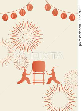 節日燈籠、煙火和敲打日本鼓的男人的輪廓背景插圖素材向量夏季活動 127197165