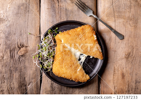 Fried Cheese Wedge Black Pan Wooden 127197233