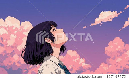 School girls looking up at the sky 127197372