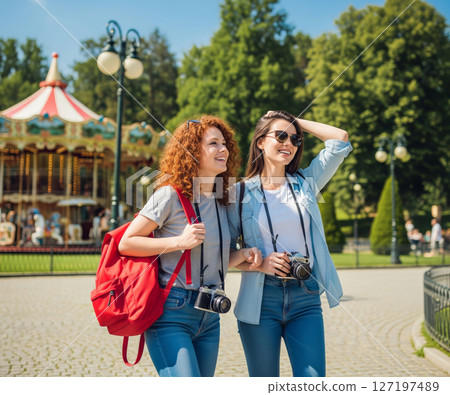 Two happy female friends with cameras walking in an amusement park on a sunny day. 127197489