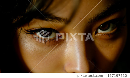 A close up of a woman's face with brown eyes 127197510