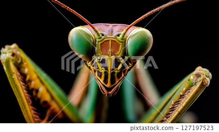 A close up of a praying mantisch on a black background 127197523