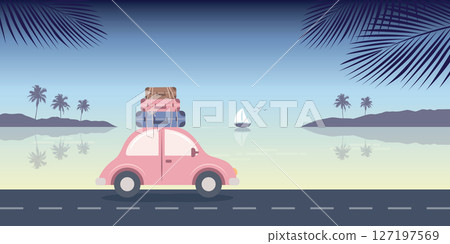 road trip adventure in the wilderness car on tropical landscape vector illustration road trip adventure in the wilderness car on tropical landscape vector illustration 127197569