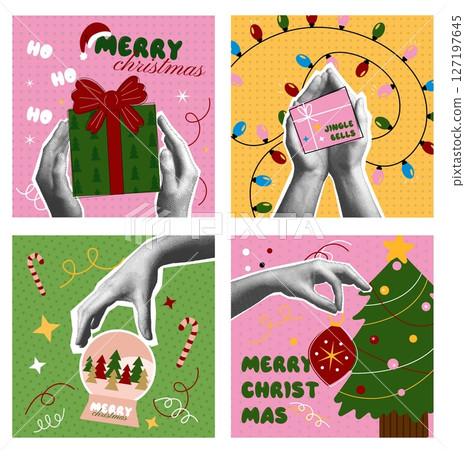 Set of Christmas greeting cards. Colorful ornaments, snow globe, and jingle bells with retro pop art 127197645