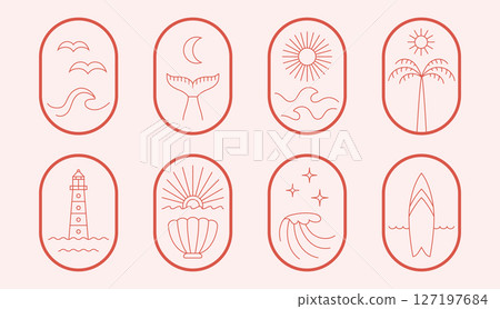 Minimalistic vacation, logo emblem in thin line boho style. Cute trendy stylish icons about travel, surf camp, school, adventure, paradise. Minimalistic vacation, logo emblem in thin line boho style. Cute trendy stylish icons about travel, surf camp, school, adventure, paradise. 127197684