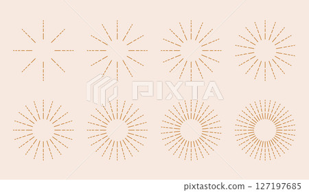 Gold boho sunburst set. Vintage bursting golden sun rays collection. Radial vector sunset beams. 127197685