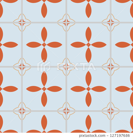 Abstract geometric tiled seamless pattern. Porcelain ceramic simple red flowers. Minimalist turkish, portugal, greece background. 127197686