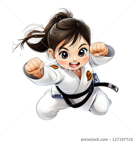 Cheerful girl in karate uniform performing powerful punch, showcasing strength and determination 127197728