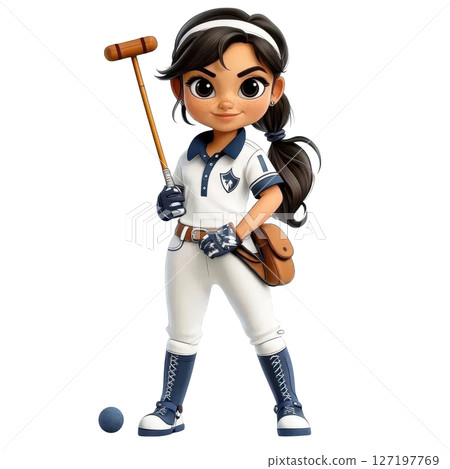 Cartoon girl playing polo, wearing sporty outfit with mallet and ball 127197769