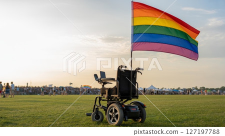 rainbow flag on wheelchair. LGBTQ rainbow flag at pride festival in city park, symbol of inclusion 127197788