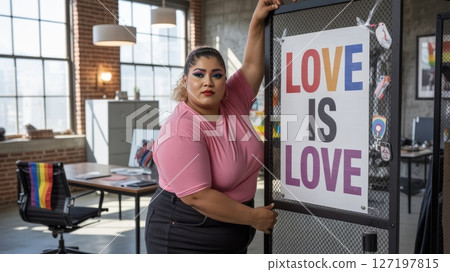 Woman holding Love is Love rainbow sign indoors at LGBTQ pride event in office setting 127197815