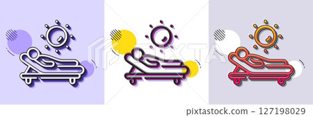 Lounger line icon. Halftone dotted pattern. Gradient icon with grain shadow. Beach sunbed sign. Summer vacation symbol. Line lounger icon. Various designs. Vector 127198029