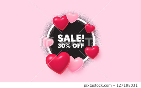 Sale picture frame banner. Circle photo frame. Sale 30 percent off discount. Promotion price offer sign. Retail badge symbol. 3d hearts balloons. Grain dots pattern. Vector 127198031