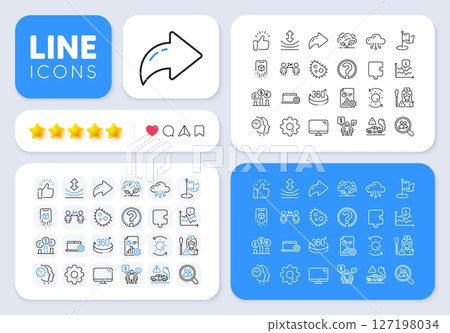 Cloud computing, Puzzle and Exhaust line icons for web app. Message, Share, Like social media icons. Pack of Bacteria, Milestone, Report pictogram icons. Nurse, Teamwork, Time management signs. Vector 127198034