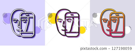 Face biometrics line icon. Halftone dotted pattern. Gradient icon with grain shadow. Facial recognition by phone sign. Head scanning symbol. Line face biometrics icon. Various designs. Vector 127198059