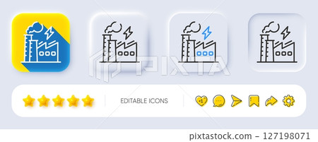 Electricity factory line icon. Neumorphic, Flat shadow, 3d buttons. Electric energy power type sign. Lightning bolt symbol. Line electricity factory icon. Social media icons. Vector 127198071