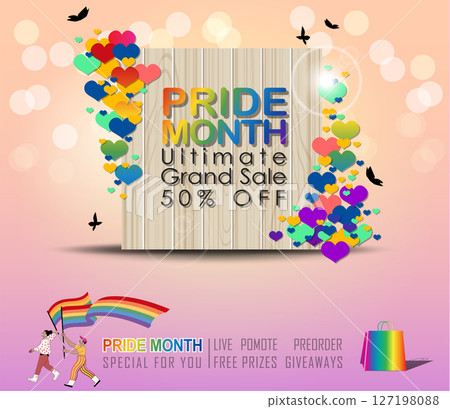 Pride Month sale! Celebrate love and diversity with our Ultimate Grand Sale banner Template and colorful LGBT rainbow design. The copy space banner background for vector and illustration. Pride Month sale! Celebrate love and diversity with our Ultimate Grand Sale banner Template and colorful LGBT rainbow design. The copy space banner background for vector and illustration. 127198088