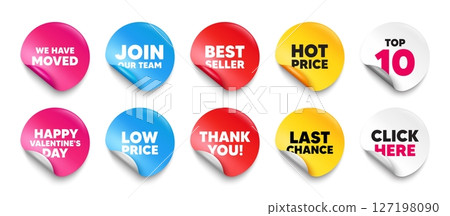 We have moved sticker tag. Top 10, Best seller, Hot price banners. We have moved. Move new address sign. Place relocate symbol. Join our team sticker. Vector 127198090