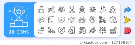Bike, Best friend and Leadership line icons. Interest rate, AI generate, Inflation icons. Pack of Dumbbell, Arena, Mountain bike icon. Timer, Bicycle parking, Fishing rod pictogram. Vector 127198104
