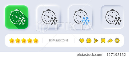 Freezing timer line icon. Neumorphic, Flat shadow, 3d buttons. AC cold temperature sign. Fridge function symbol. Line freezing timer icon. Social media icons. Vector 127198132